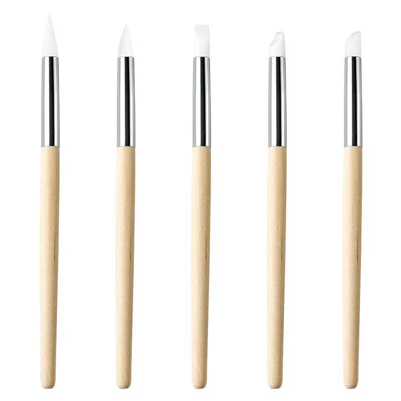 5pcs Nail art tools,wood handle silicone head nail art pens, multi-functional engraved and painting manicure pen 5pcs