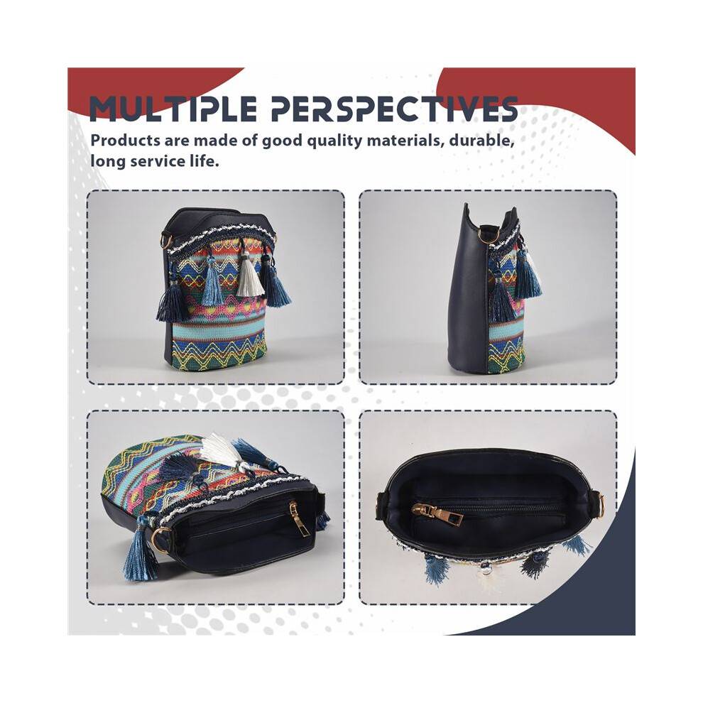 Fashion Bohemian Ethnic Style Women's Straw Woven Shoulder Messenger Bag Retro Casual Tassel Bucket Bag Navy