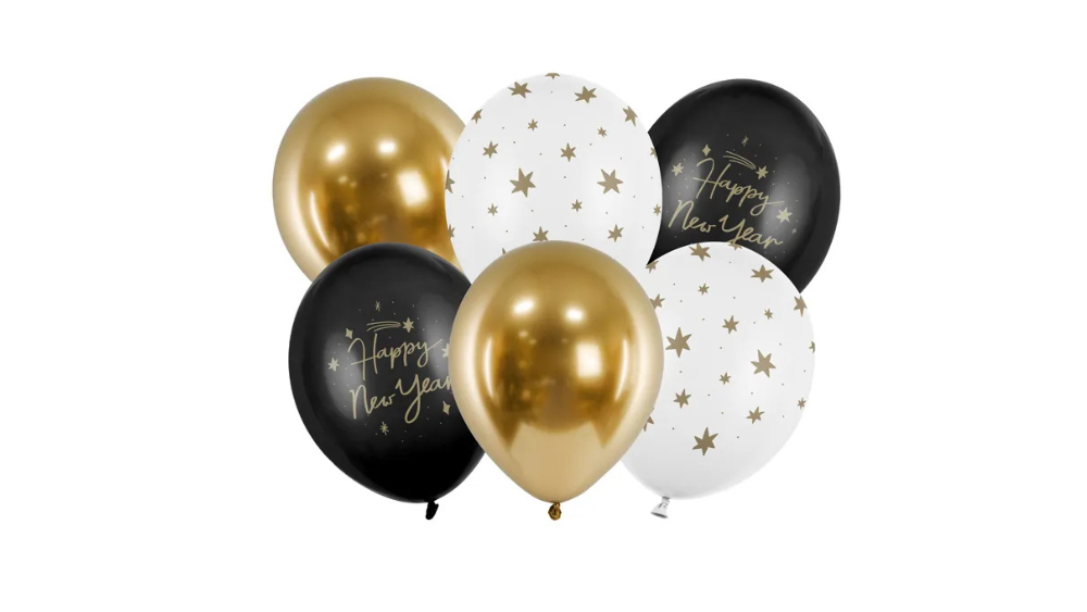 Ballon - Happy Newyear - Sort/Hvid/Guld- 30 cm - 6 stk./ps.