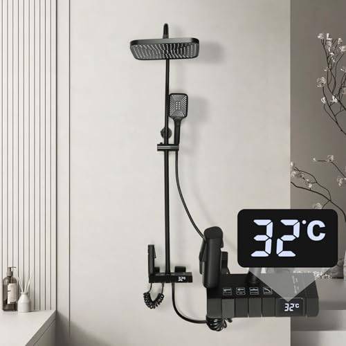 Digital LED-duscharmatur duschsystem svart regndusch duschset blandarkran dusch med regndusch toppspray, högt tryck spraypistol, vattenkran, handspray, 33,46–47,24 tum justerbar