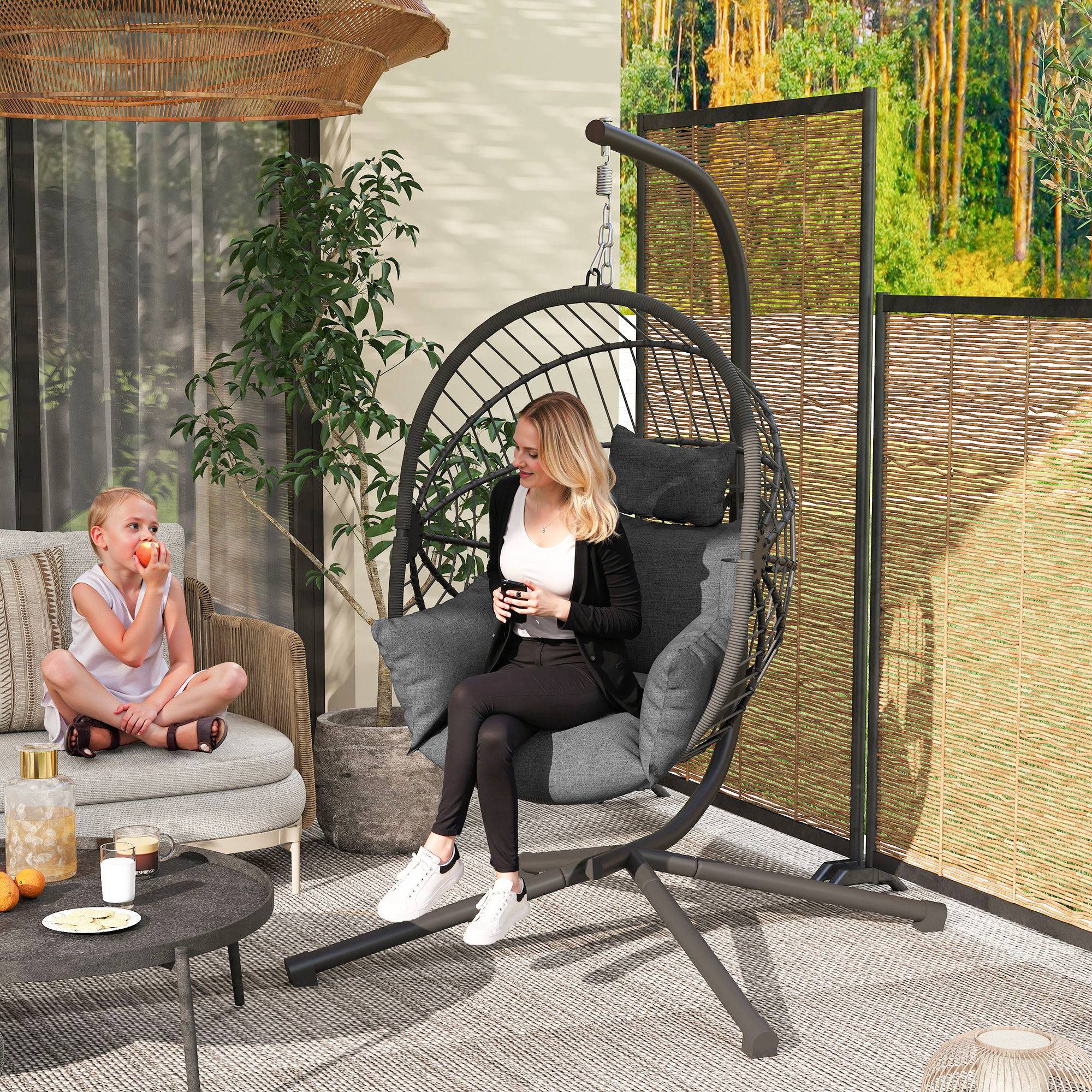 Hængestol hængegynge med hynde og kopholder, foldbar sædekurv i rattan-look, lasteevne op til 120 kg, lavet af stål, grå