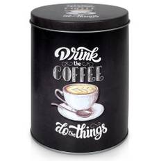 Svart aluminiumförvaring med grafisk design för kaffe.