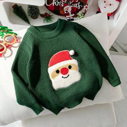 Söt stickad pullovertröja för unga flickor med broderad jultomte, rund hals och lång ärm, lämplig för jul, vardagsbruk, fest, vår, höst och vinter - Grön (6Y,7Y,8Y,4Y,5Y,2-3Y)