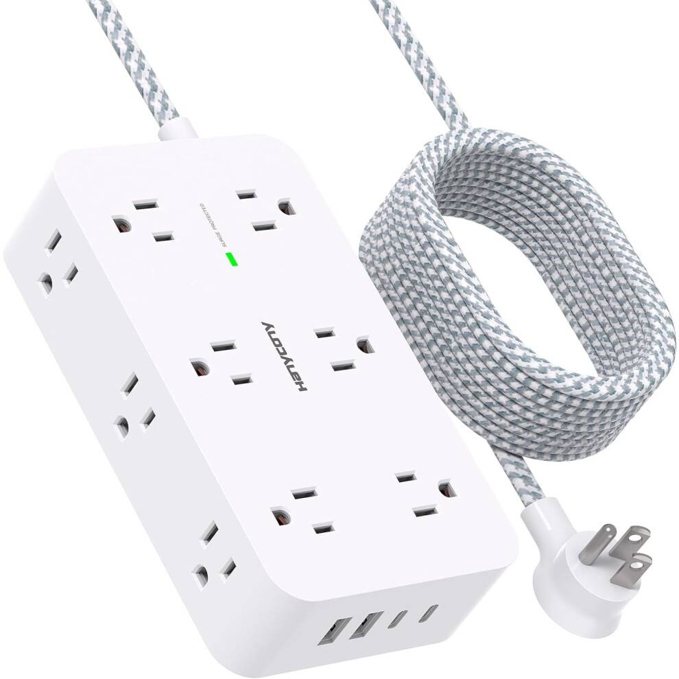 Forlængerledning 3 meter, strømskinne med overspændingsbeskytter og 12 stikkontakter, 4 USB-porte (2 USB C), stor bordstrømskinne