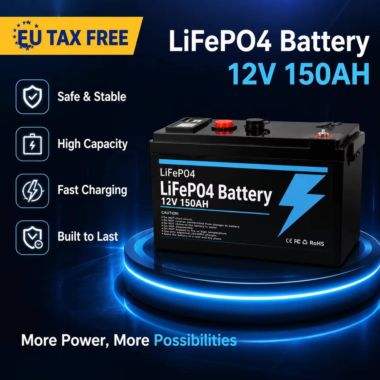 12V 150Ah LiFePO4 Lithium-ion Rechargeable Battery, Suitable for Outdoor Lighting, Camping Lights, Solar and Wind Energy Systems, Small UPS Backup Power Supply