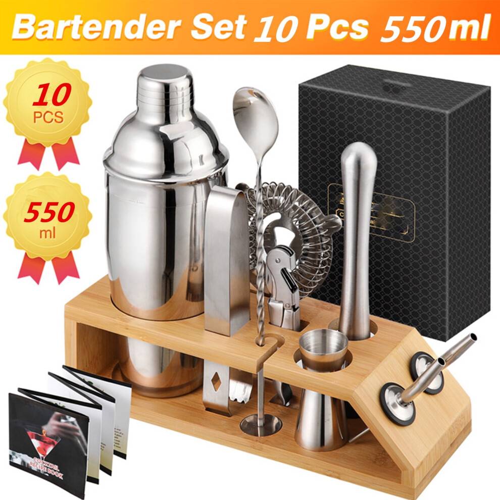 RnemiTe-amo Cocktail Shaker Sæt med Bambus Stativ, 10-delt Bartendersæt i Rustfrit Stål, Kompatibelt med Standard Barværktøj, Gaver til Mænd,