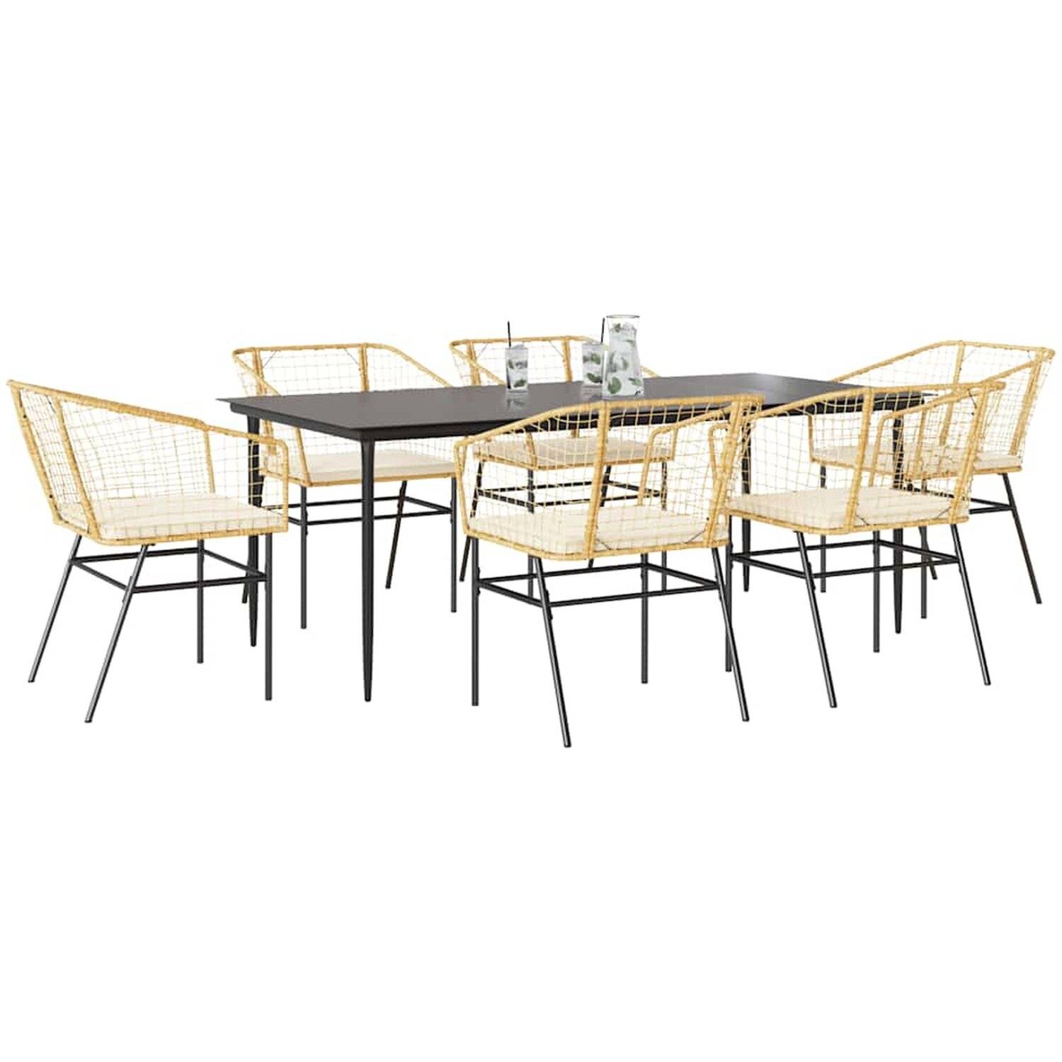 Spisegruppe vidaxl - Matgrupp för trädgården med dynor 7 delar brun polyrotting glas 200 x 100 74 cm