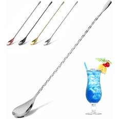 Cocktail Ske, Rustfrit Stål Bar Teske Lang Skaft Cocktail Shaker Spiral Design Perfekt til Omrøring og Lagdeling af Drikke (Sølv)
