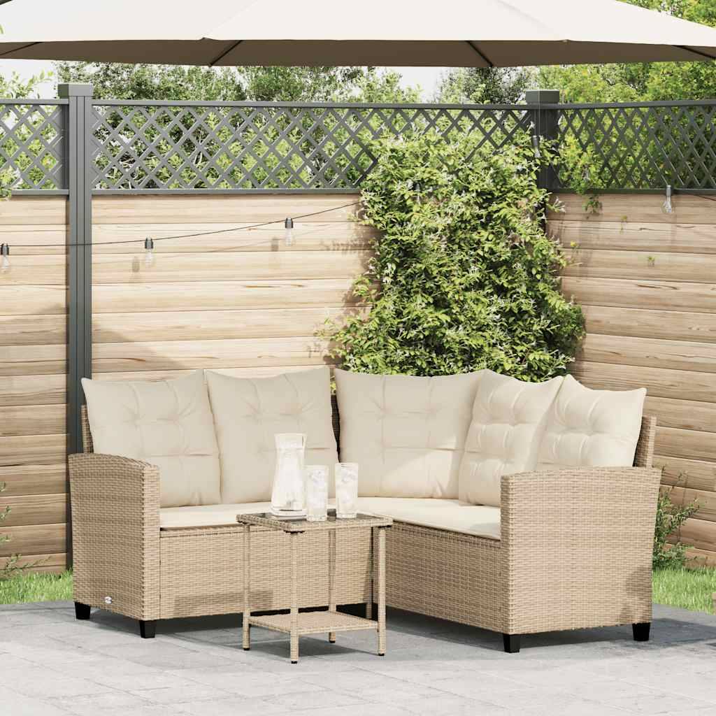 Havesofa Med Bord Og Hynder L-Formet Polyrattan - beige og cremefarvet