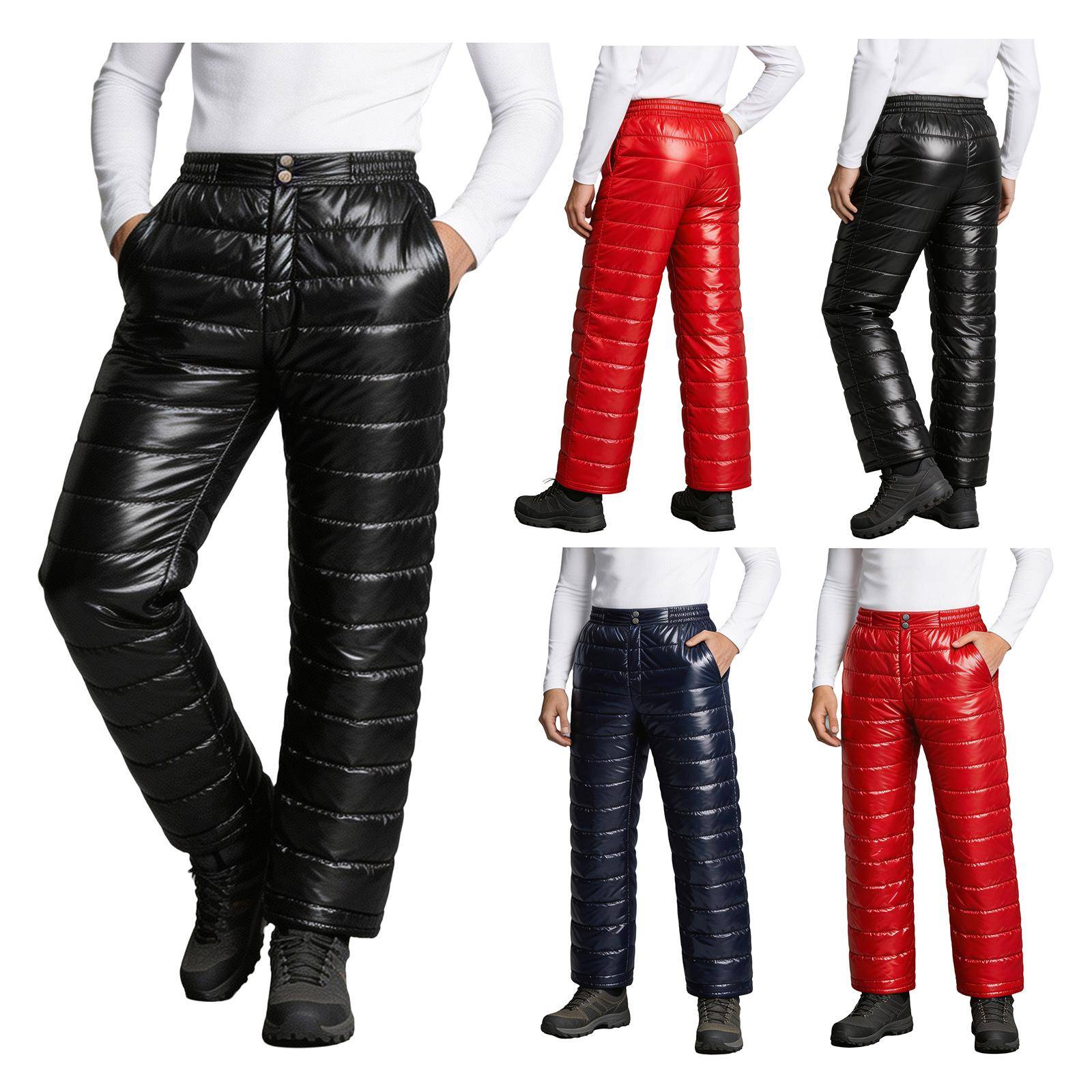 Men Padded Pants Elastic Waistband Zipper Fly Lightweight Packable Thermal Trousers with Pockets for Outdoor Skiing Snowboard Winter svart