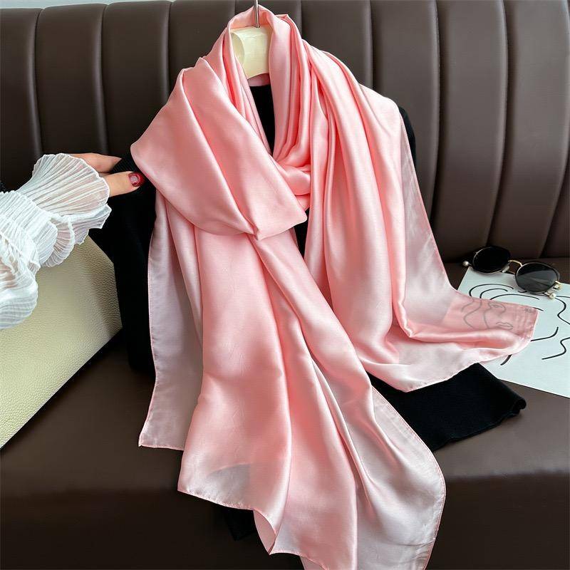 Enkel enfärgad grunddesign 100% sidenkänsla Halsduk för kvinnor 180x90cm Sjal Omslag Lyxig Dam Hijab Huvudband Foulard Strandstolar black