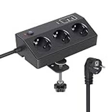 Bordsuttag med USB C PD 20 W, 4 000 W/16 A grenuttag skrivbord, STGAROT 3-vägs flera uttag 4 USB med strömbrytare 2 m kabel, överspänningsskydd uttag bord för hem kontor, svart