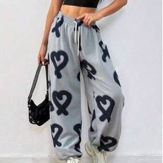 Dam Random Love Print Dragsko Midja Träningsbyxor Y2k Byxor Vida ben Tunna Träningsbyxor Vår/Sommar Outfits För Dam - Grå (L,M,S,XL,XS)