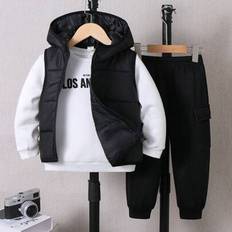 3 st/set Unga pojkar Casual School Style Bekväm klassisk huvväst, rundhalsad fleecetröja och byxor, lämplig för dagligt bruk, skola, utflykter och spo - Svart (6Y,7Y,4Y,5Y)