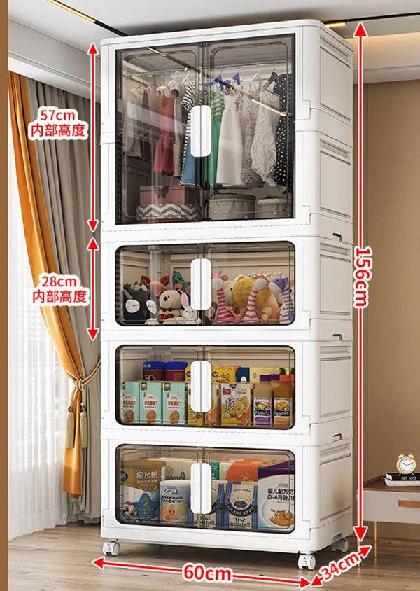 Double Door Open Clothes Storage Organizer with Wheels Foldable Wardrobe Cabinet Baby Cupboard Organizing Box Containers Bin - 60x34x156cm-brown 1