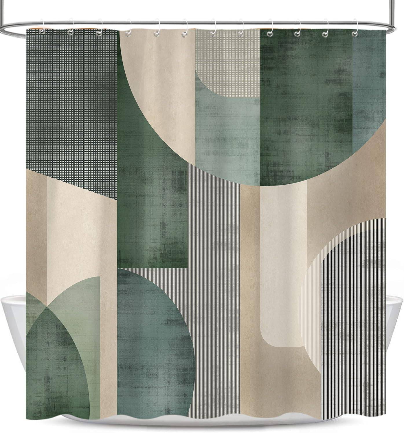 Modern Abstrakt Duschdraperi – Boho Geometriskt Mönster, Vågigt Grönt & Beige Mönster För Stilfull Badrumsdekoration