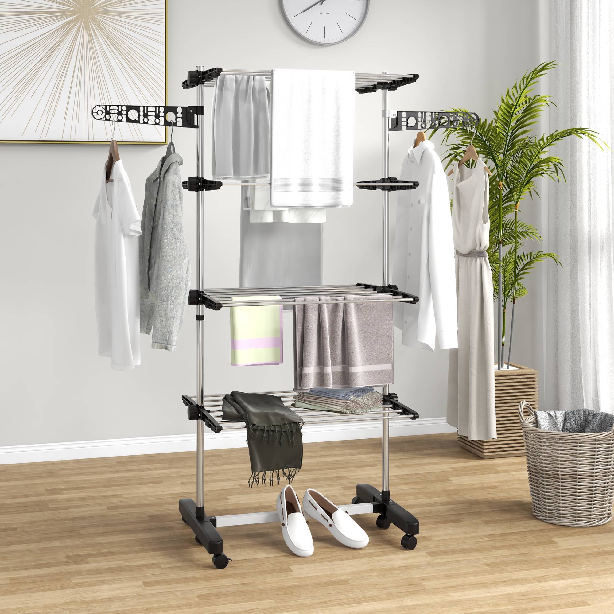 Tørrestativ med hjul, tørretumblertårn, stående tørretumbler med foldbar vinge, vasketøjstårn til indendørs og udendørs brug, stål 142 x 55 x 172 cm, sort