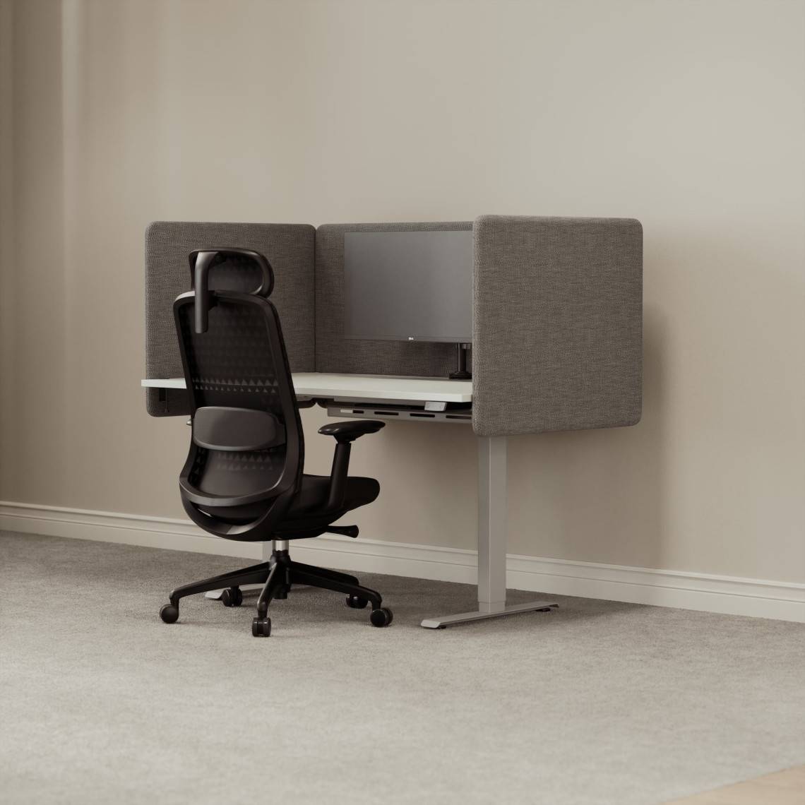 Komplet arbejdsplads, Kabelhåndtering Ja, Bordpladens størrelse 120 x 70 cm, Lampe Nej, Monitorarm Ja, Udseende Light Grey, Antal pladser 1.