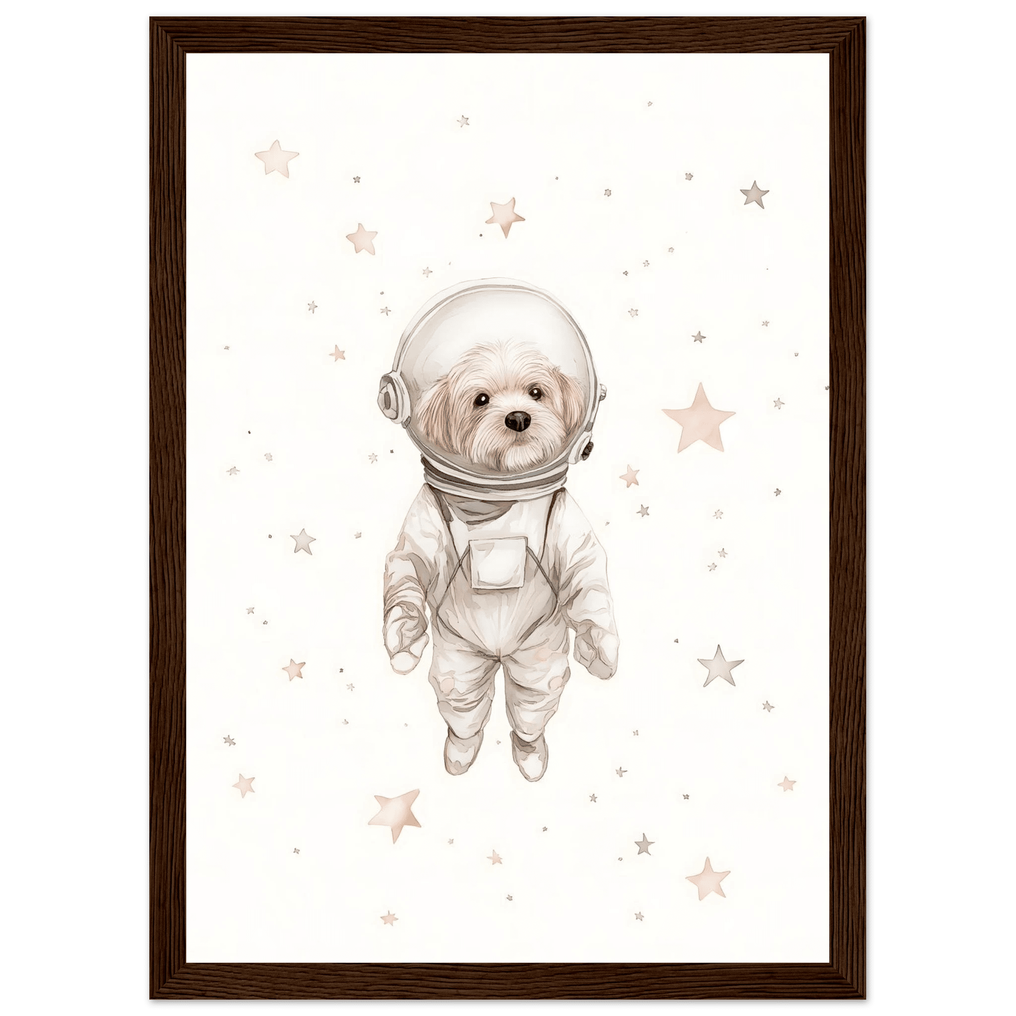 Hund i rymden poster-21x29.7 cm / 8x12" / Med ram / Mörkt trä