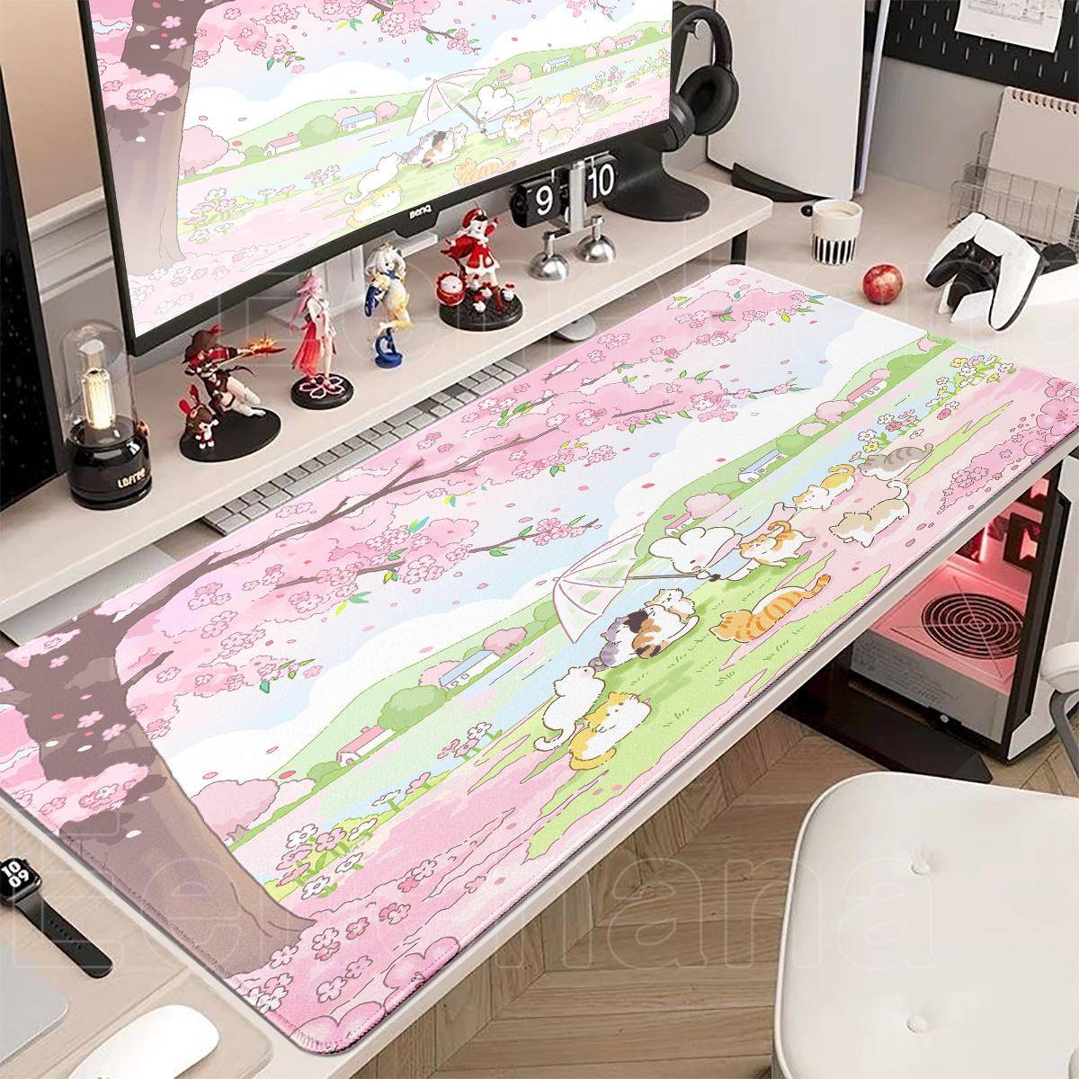 Spring Cute Rabbit Mouse Pad Large Gaming Pink Bunny XXL Laptop Kawaii Flower DeskMat Gamer Keyboard Nonslip Office Accessories