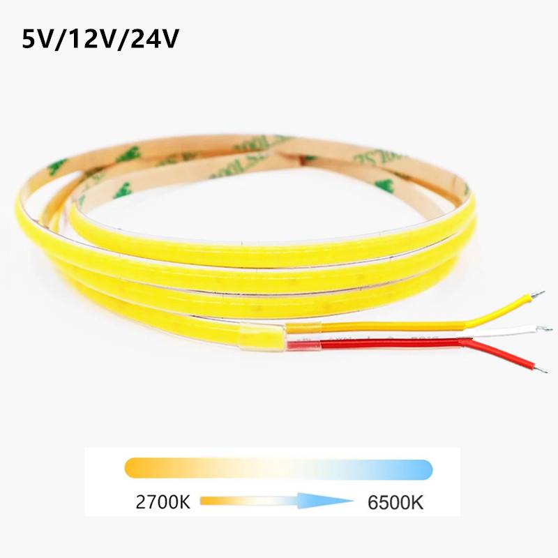 CCT COB LED Strip Light 2700K to 6500K 5V 12V 24V Double Color Dual Temperature Dimmable Adjustable Color 5mm Width Ultrathin