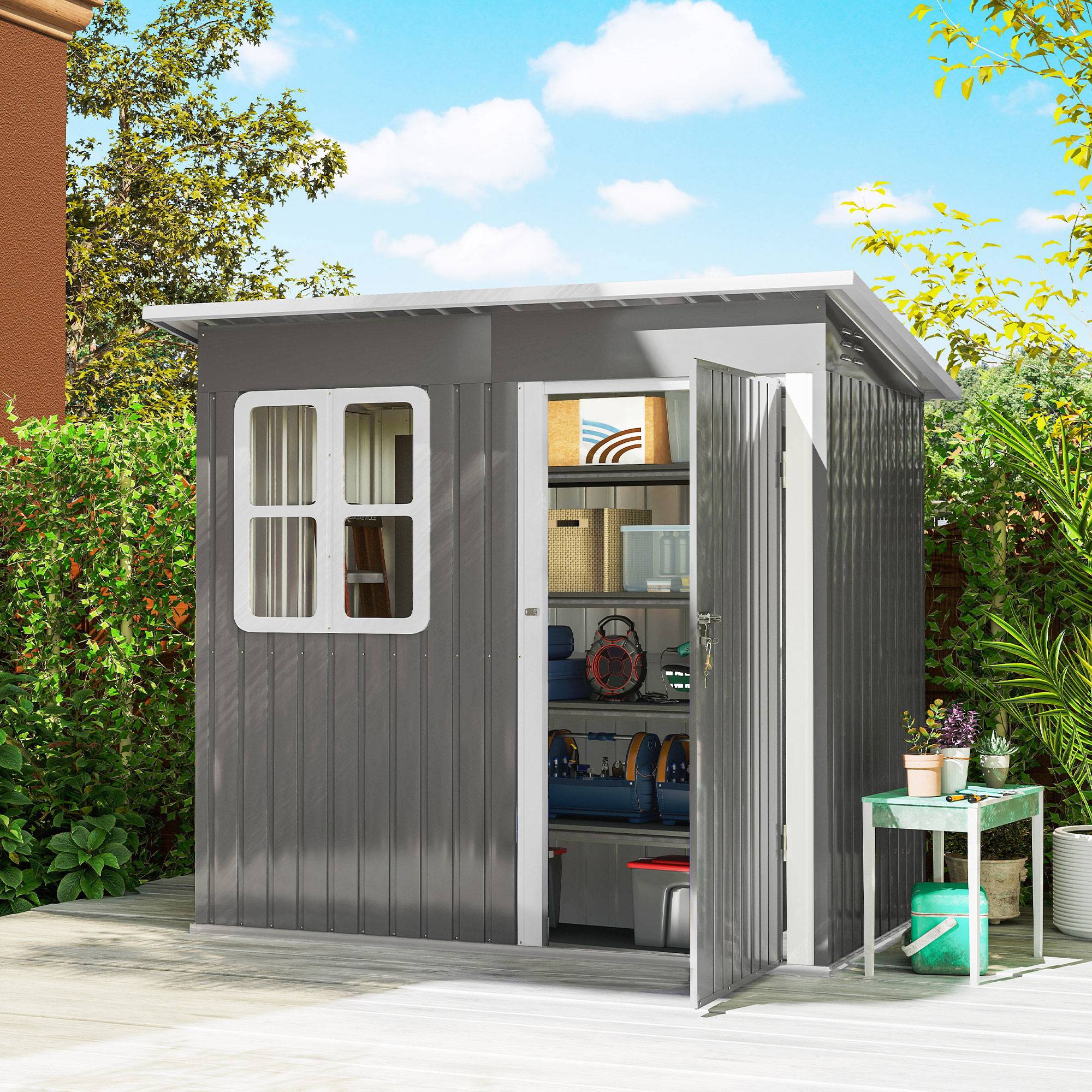 Haveskur 2,55m², haveskur med nedhængt tag, 221 x 133 x 190/173 cm, redskabsskur med aflåselig dør, vindue, cykelgarage, stålhaveskab, til baghaven, have, mørkegrå.