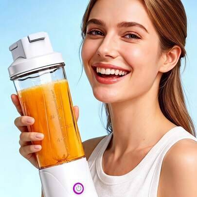 Bärbar mixerbägare, USB-laddningsbar personlig mini-mixer, 450 ml elektrisk juicepress för shakes och smoothies, trådlös liten mixer för resor, gym, k - Vitt