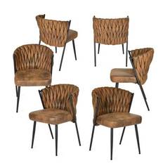 Set med 6 retro matstolar, fritidsstol, fåtölj, integrerade armstöd och ryggstöd, ryggstöd med vriden textur, 9 cm tjock dyna, metallram, lämplig för - Brun
