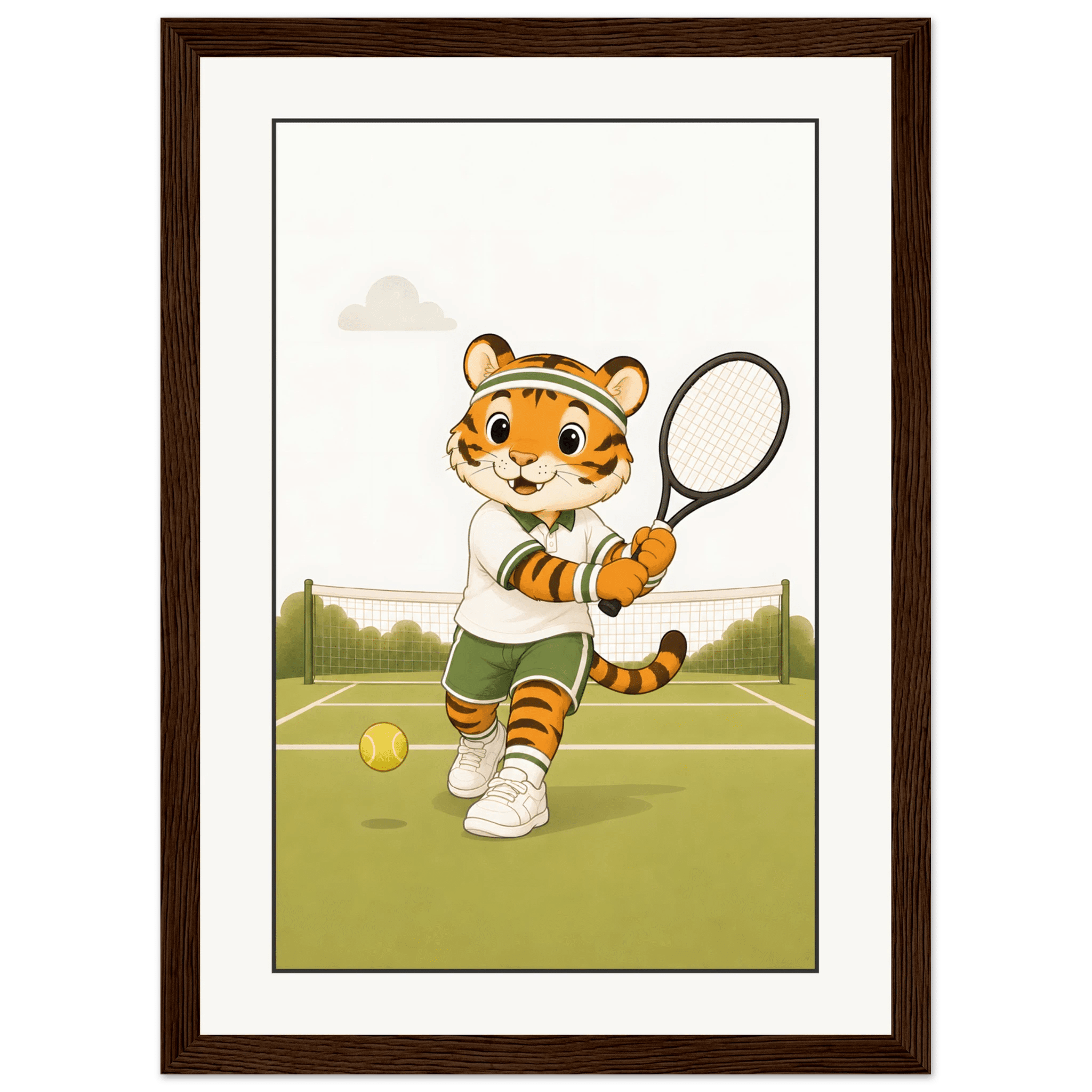 Tiger spelar tennis-21x29.7 cm / 8x12" / Med ram / Mörkt trä