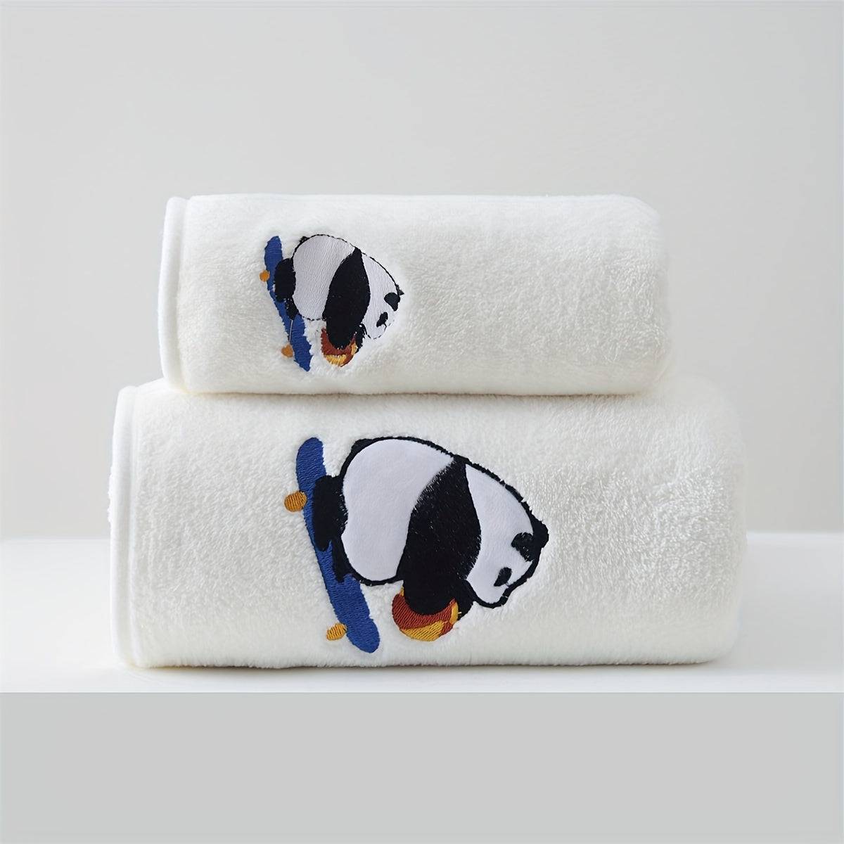 2-Pack Bath Towel + Towel, Coral Microfiber Panda Embroidery, - White.