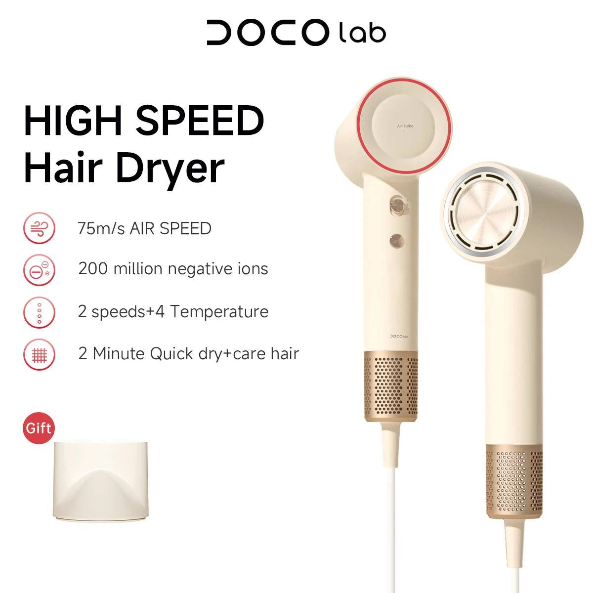 High Speed Hair Dryer 75m/s 200 million Negative Ions Hair Care - white / EU / CHINA