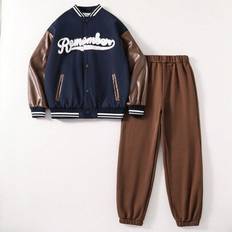 2st/set Tween Boys Trendig baseballjacka i kombination med fleecebyxor, cool outfit för höst/vinter - Brun (8Y,9Y,10Y,11Y,12Y)