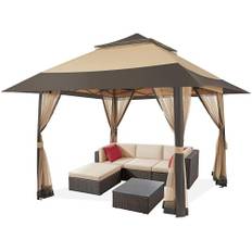 Yaheetech 4 x 4 m paviljong med sidoväggar, justerbar höjd vikbar paviljong med dubbeltak, vattentät stabil vintersäker popup-trädgårdspaviljong, festtält inkl. med bärväska, kaki + brun