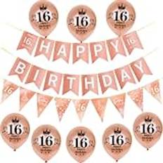 Roséguld krans Happy 16th Birthday banderoll 16 år födelsedag triangel banner 8 st ballonger 16 år födelsedag dekorationer för flickor, födelsedag 16 år flicka dekorationer roséguld