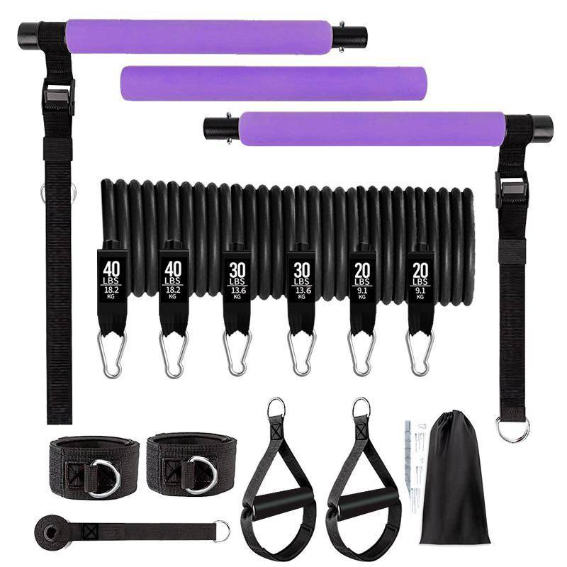 Portable Pilates Tensioner Kit With Latex Resistance Band, Exercise Fitness Equipment With Portable Storage Bag 180LBS PURPLE SET