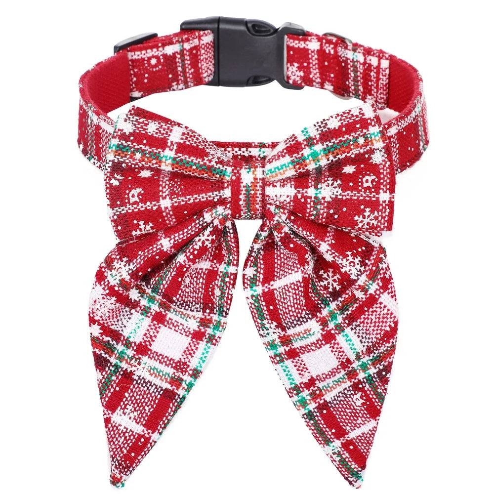 Festive Snowflake Dog Collar with Bow - Cotton Holiday Design - Red White Snow / L 3.0cmx60cm (L 3.0cmx60cm)