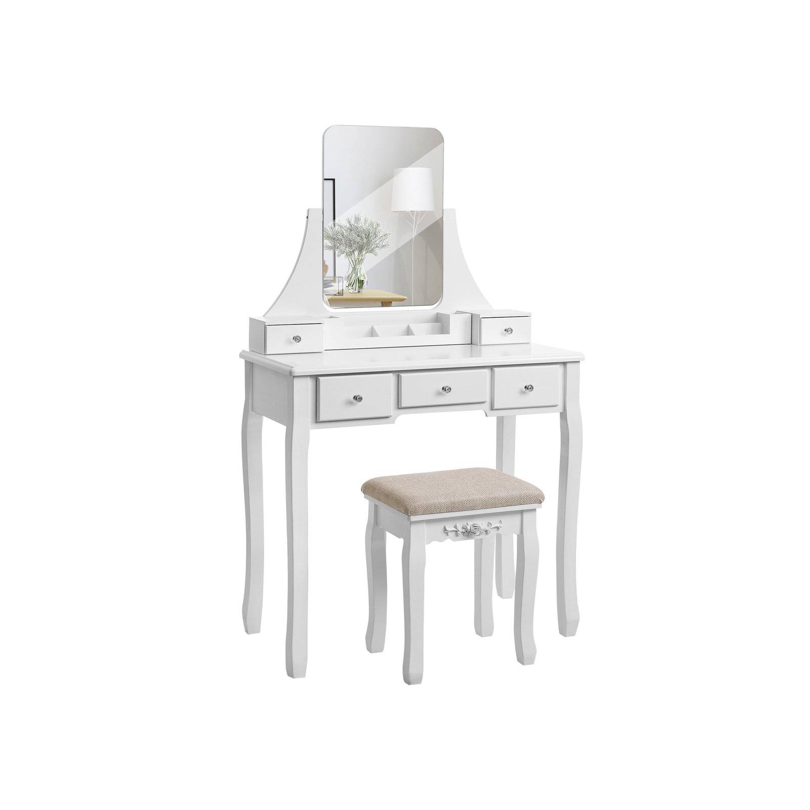 VASAGLEVanity Set, Dressing Table Set withLargeFrameless Mirror for Makeup, 5Drawersand a Removable StorageOrganiser,Cushioned Stool, BlackRDT.