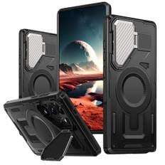 Lzzox för Samsung Galaxy S25 Ultra Case trådlöst magnetiskt skydd med metallställ kameraskydd stötsäkert anti-fall hårt skal (svart, S25 Ultra)
