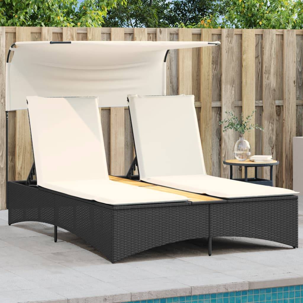 Solseng Med Baldakin Og Hynder Polyrattan - Sort