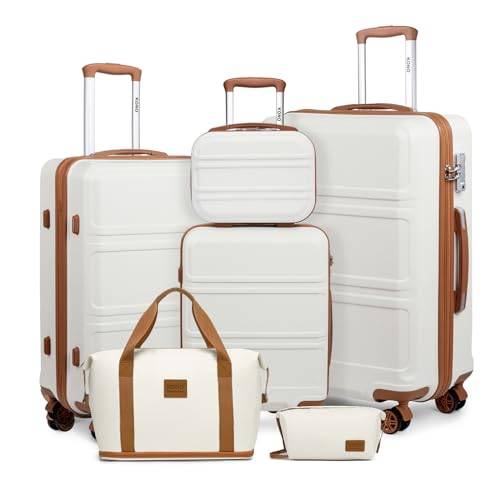 KONO Kofferset Reisekoffer Set Gepäcksets 6 Teilig, Koffer Set mit Beautycase Kosmetikkoffe mit Handgepäck Reisetasche mit Kulturbeutel (Creme Weiß)