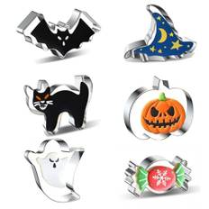 Kakskärare halloween, 6 stycken kakmått i rostfritt stål fladdermus, pumpa, spindel, kvast, spöke, dödskalle, Halloween-kakformar, set med kakmått