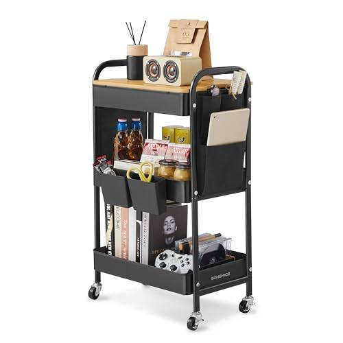 SONGMICS Vagn med 3 hyllor, rullvagn med bänkskiva, 2 avtagbara hängande behållare, 6 sidofickor, för vardagsrum arbetsrum kök badrum, svart bläck LRC036B01