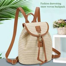 Travel Knotted Drawstring Woven Large Capacity Beach Backpack With Lining, Perfectly Matching With Backpack Accessories, Back To School Essentials - Brown