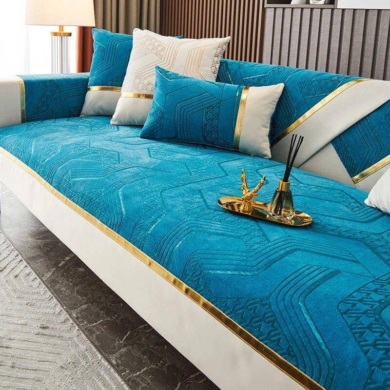 Lyxiga Guldlinjer Sofföverdrag Sömmar Bred Vit Kant Soffkudde Högkvalitativ Europa Chenille Soffhandduk Halkfri Sittdyna 120cm