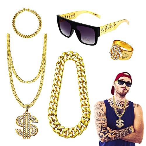 CEWROM Hip Hop kostym-set, 80-tals 90-tals outfit män rapper tillbehör gangster dollar tecken guldkedja solglasögon guldring hippie, klädsel, set för halloween karneval temafest