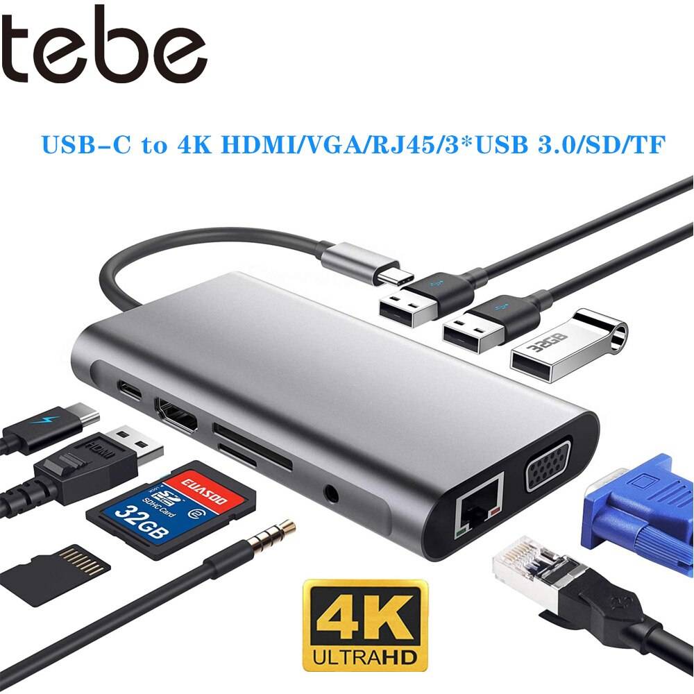 10 in 1 typ c hub splitter usb c to 4k hdmi vga rj45 gigabit ethernet dockningsstation 3.5mm sd tf kortläsare för macbook pro
