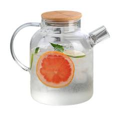 Water Pitcher 1800ml Glass Fridge Jug with Filter Whisk Wood Lid Heat Resistant Beverage Serveware