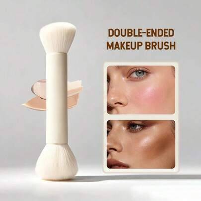 Dubbeländad puder-, rouge- och konturmakeupborste, basmakeupborste, mjuka fluffiga syntetiska fiberborst, handtag helt i aluminium, multifunktionell a - Vitt