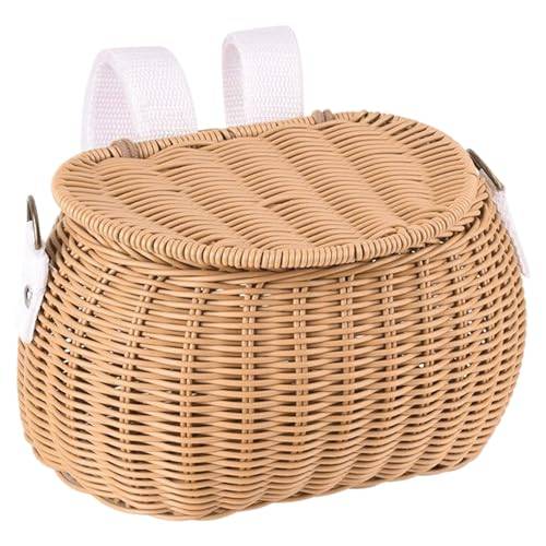 Yaoliucp Skoter korg D-formad cykelkorg barn bärbar korg korg med justerbara remmar och lock avtagbar främre cykelkorg retro cykelkorgar crossbody väska ryggsäck för barn, aprikos