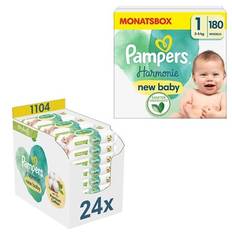 Pampers Newborn Ble-sæt Harmonie størrelse 1, 2-5 kg (180 bleer) og vådservietter Harmonie New Baby, 1.104 vådservietter (24 x 46 stk.)